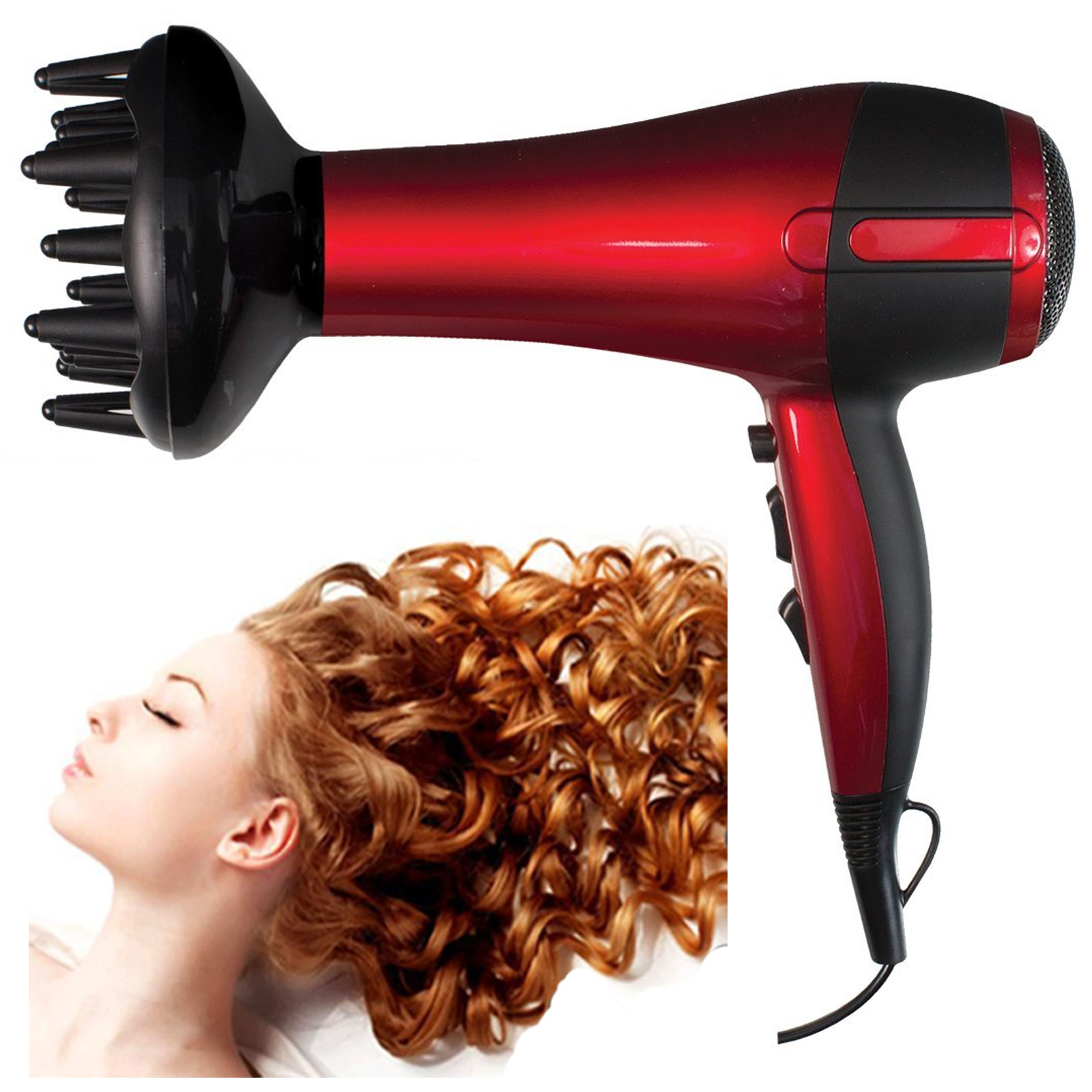 Red Hot Professional Style 2200W Hair Dryer w/ Diffuser & Nozzle Salon